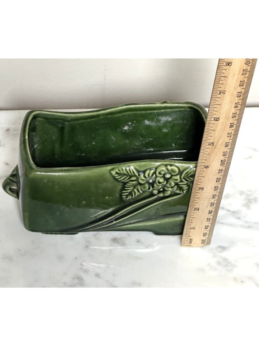 Vintage USA Green Ceramic Planter, Rectangular Floral Planter, Cottagecore Plant - Picture 7 of 9